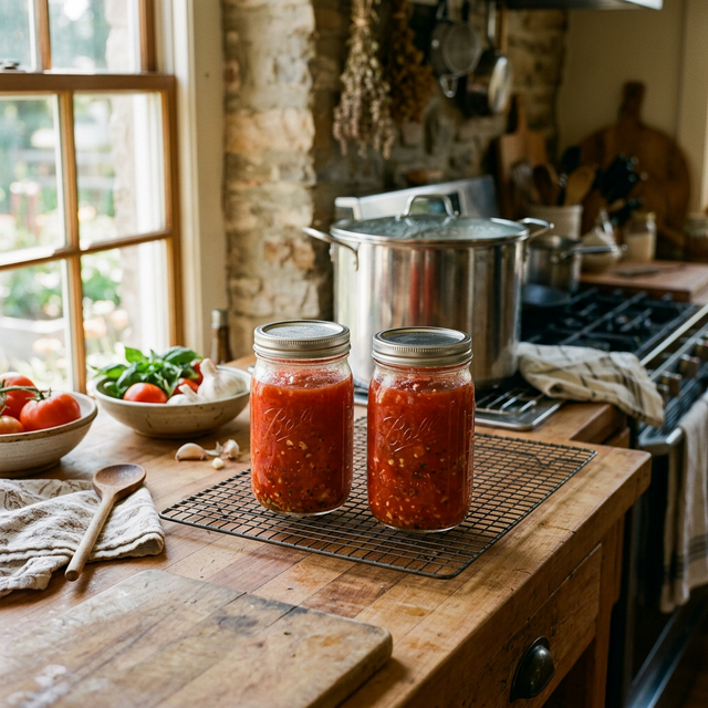 Two freshly canned mason jars of tomatoes sitting on a rustic kitchen counter with a canning pot in the background