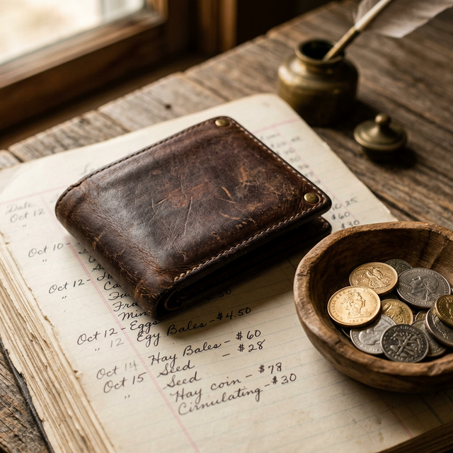 A worn leather wallet resting on top of handwritten farm ledger pages next to a bowl of coins