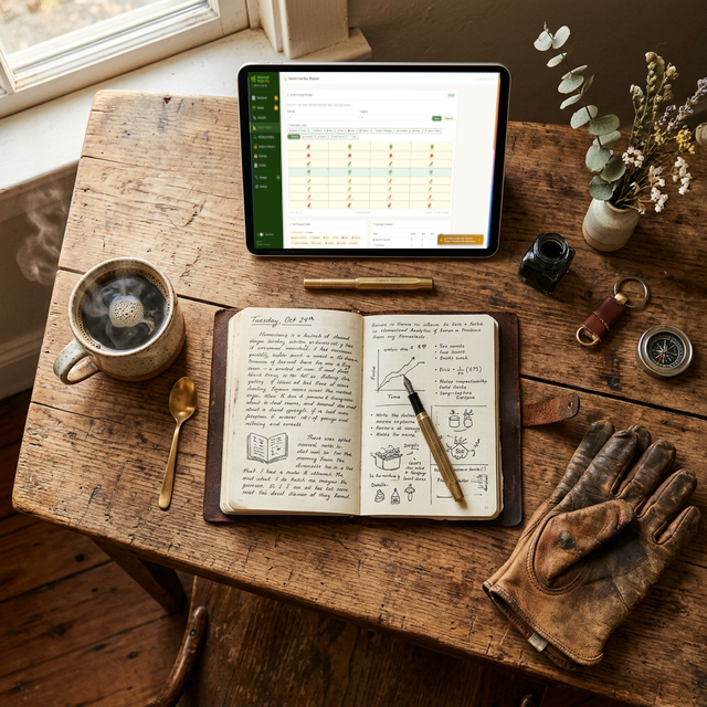 A morning homestead routine featuring coffee, a leather journal, and a digital dashboard on a tablet