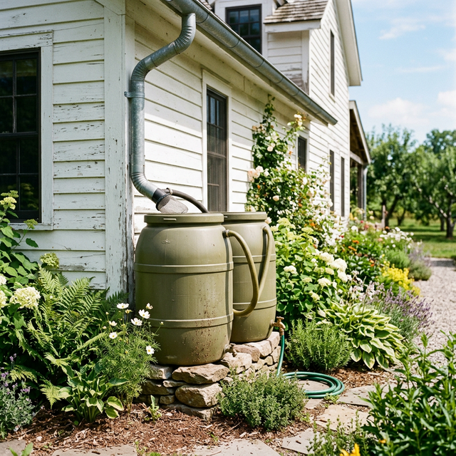 Two olive green rain barrels connected to a farmhouse downspout